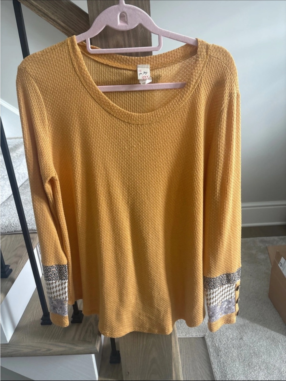 7th Ray Golden Yellow Long Sleeve Knit Top with Printed Cuffs
